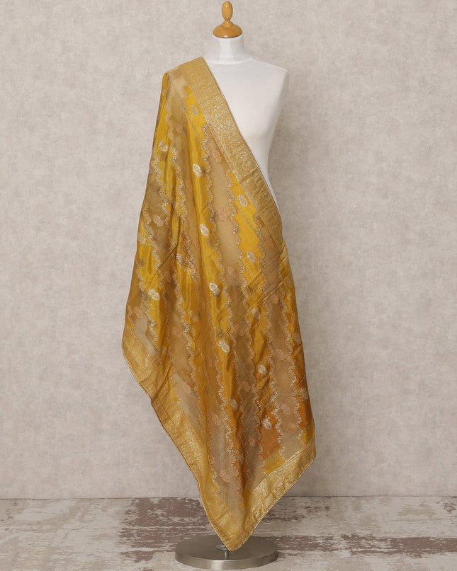 Mustard Yellow Synthetic Brocade Dupatta with Gold Zari Diagonal Weave and Border, 210 x 80 Cms, Made in India-D24120 Regal Fabrics
