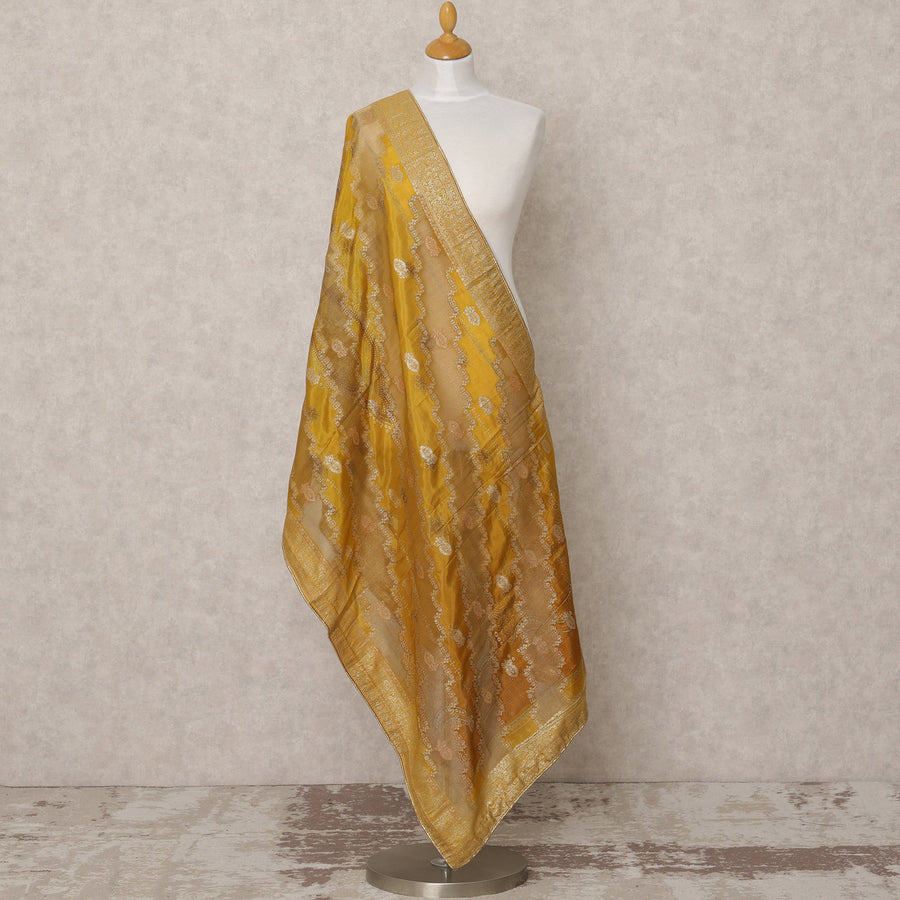 Mustard Yellow Synthetic Brocade Dupatta with Gold Zari Diagonal Weave and Border, 210 x 80 Cms, Made in India-D24120 Regal Fabrics