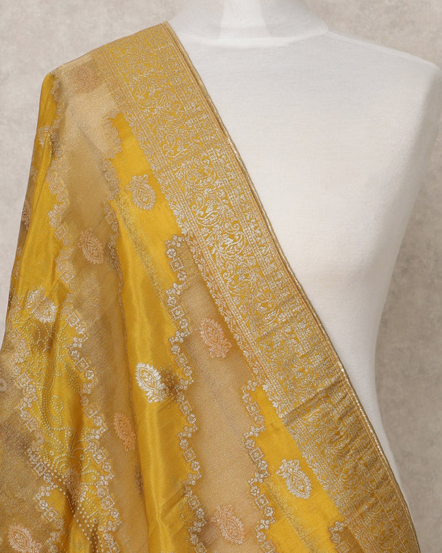 Mustard Yellow Synthetic Brocade Dupatta with Gold Zari Diagonal Weave and Border, 210 x 80 Cms, Made in India-D24120 Regal Fabrics