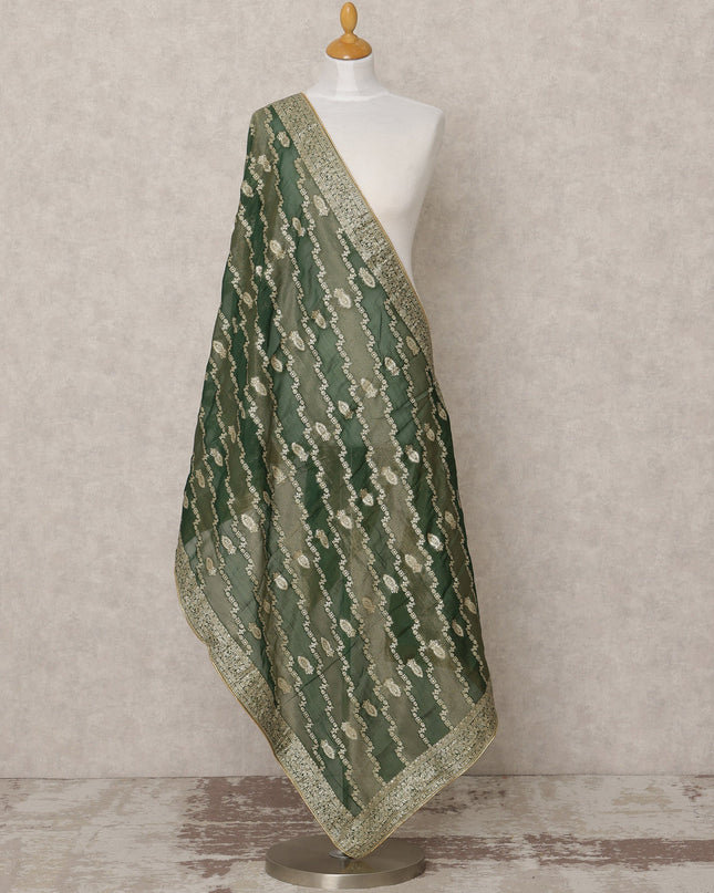 Forest Green Synthetic Brocade Dupatta with Diagonal Zari Motifs and Gold Border, 210 x 80 Cms, Made in India-D24121
