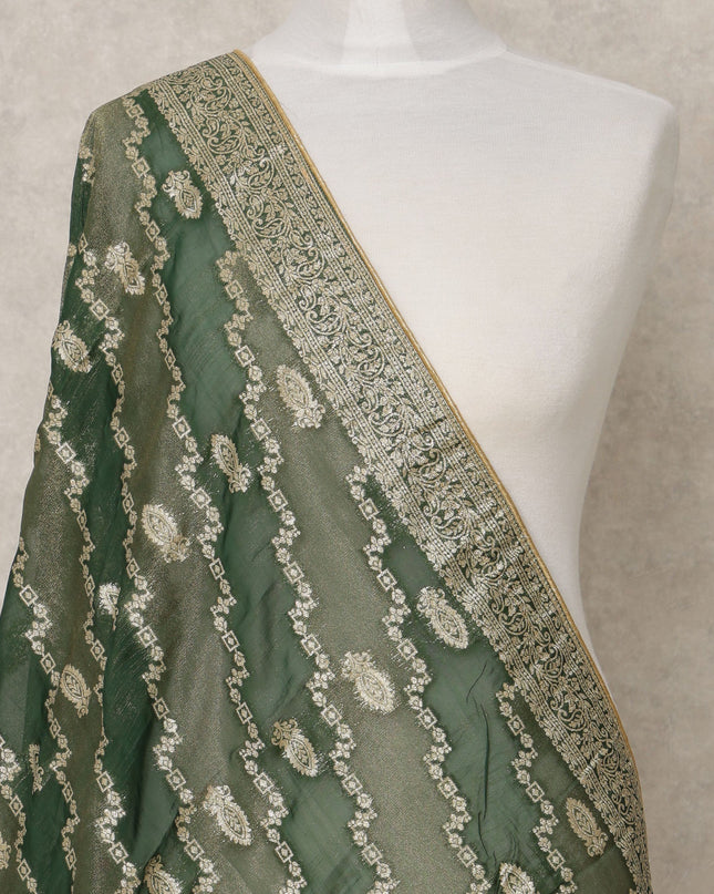 Forest Green Synthetic Brocade Dupatta with Diagonal Zari Motifs and Gold Border, 210 x 80 Cms, Made in India-D24121