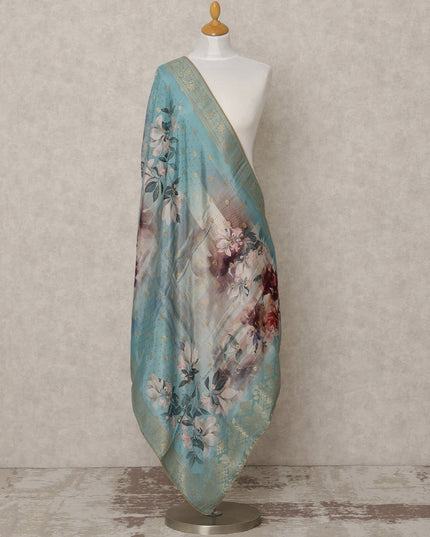 دوباتا من قماش بروكيد صناعي أزرق مخضر بطبعة زهور متعددة الألوان وحواف ذهبية، 210 × 80 سم، صنع في الهند - D24122