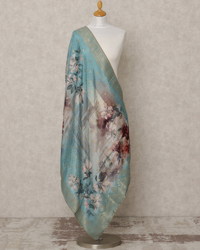 Teal Blue Synthetic Brocade Dupatta with Multicolor Floral Print and Gold Border, 210 x 80 Cms, Made in India-D24122
