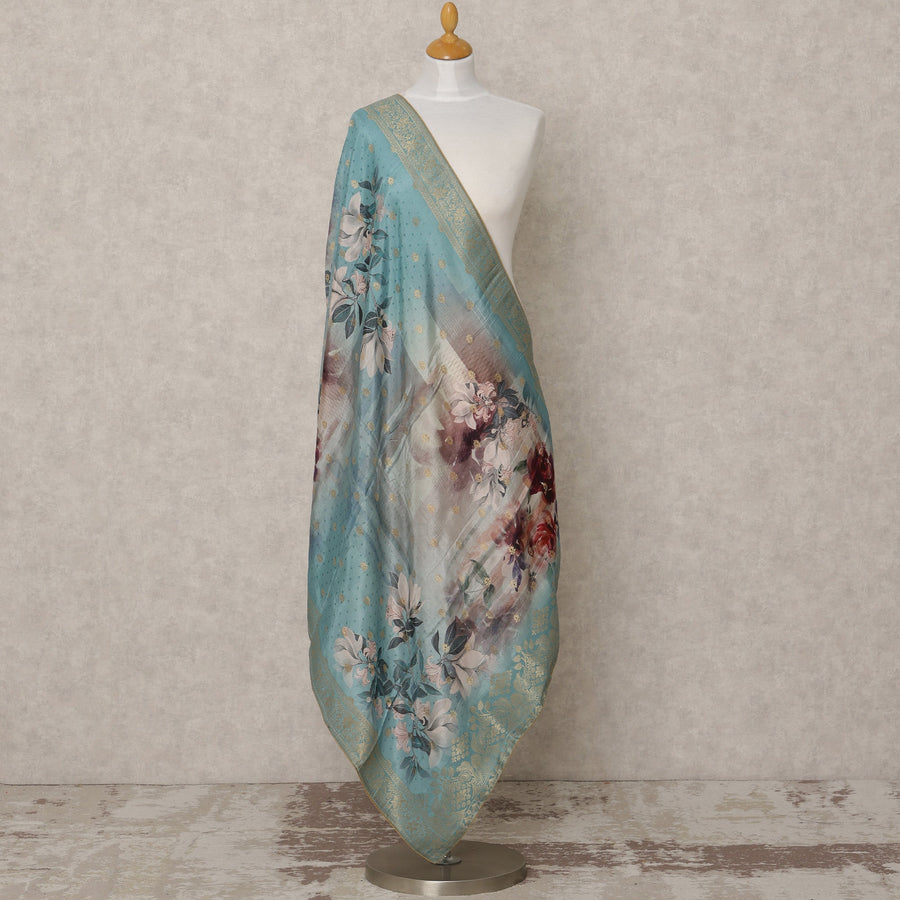دوباتا من قماش بروكيد صناعي أزرق مخضر بطبعة زهور متعددة الألوان وحواف ذهبية، 210 × 80 سم، صنع في الهند - D24122