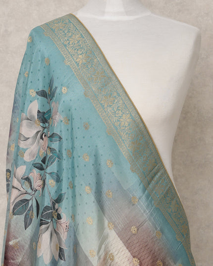 دوباتا من قماش بروكيد صناعي أزرق مخضر بطبعة زهور متعددة الألوان وحواف ذهبية، 210 × 80 سم، صنع في الهند - D24122