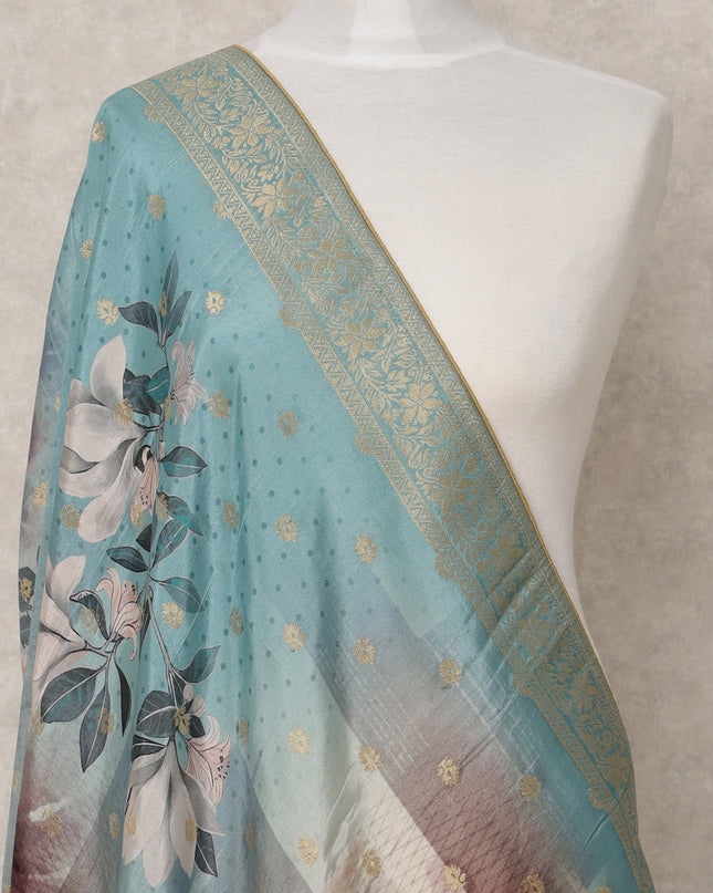 Teal Blue Synthetic Brocade Dupatta with Multicolor Floral Print and Gold Border, 210 x 80 Cms, Made in India-D24122