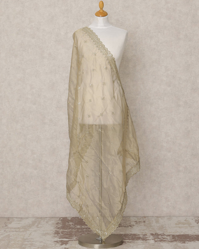 Golden Beige Synthetic Brocade Dupatta with Sequin Floral Embroidery and Lace Border, 210 x 80 Cms, Made in India-D24123