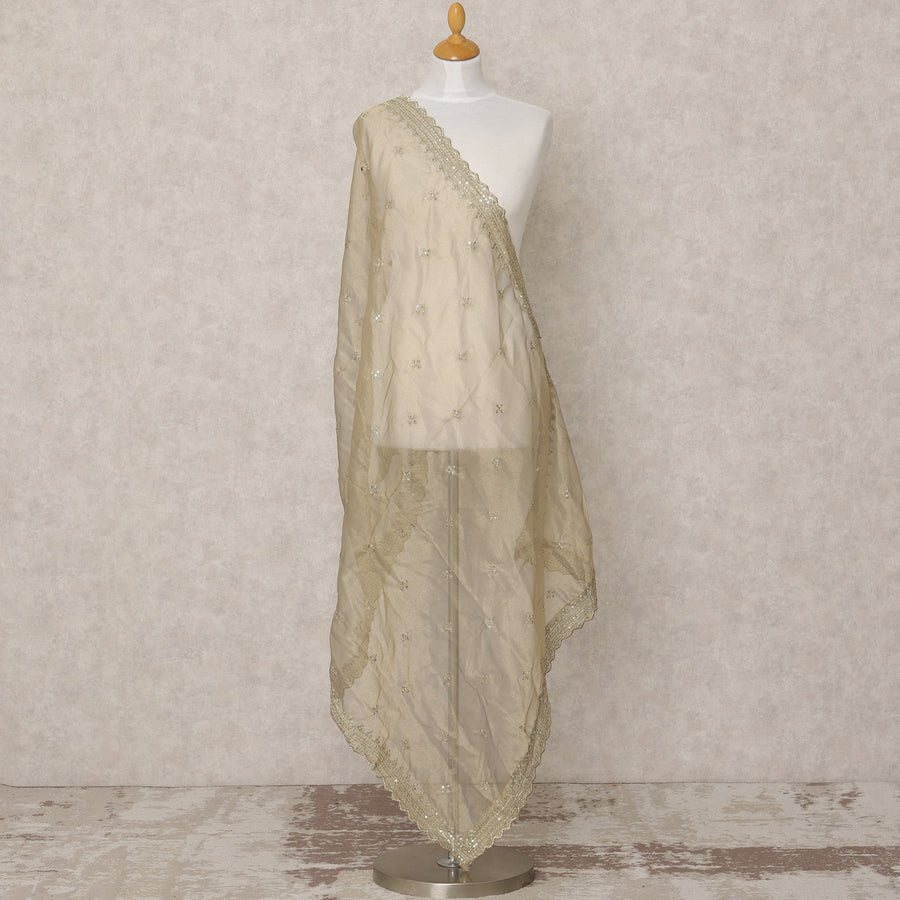 دوباتا من قماش بروكيد صناعي باللون البيج الذهبي مع تطريز زهور بالترتر وحواف من الدانتيل، 210 × 80 سم، صنع في الهند - D24123