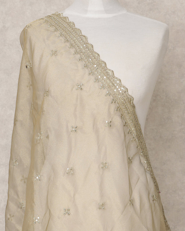 Golden Beige Synthetic Brocade Dupatta with Sequin Floral Embroidery and Lace Border, 210 x 80 Cms, Made in India-D24123