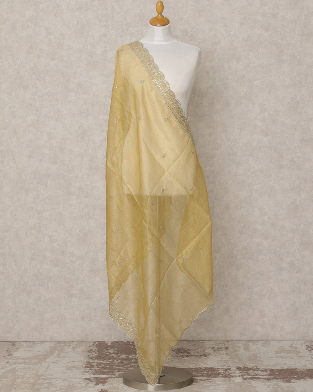 Golden Yellow Synthetic Brocade Dupatta with Sequin Embroidery and Scalloped Lace Border, 210 x 80 Cms, Made in India-D24124