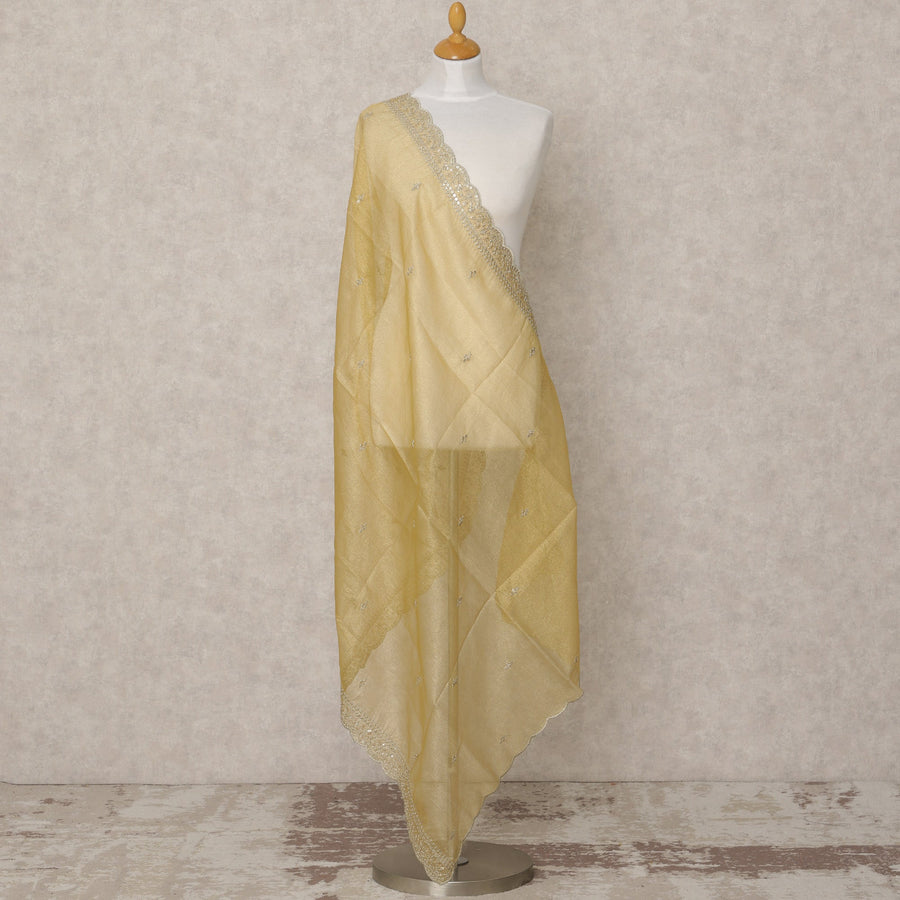 دوباتا من قماش بروكيد صناعي أصفر ذهبي مع تطريز بالترتر وحواف من الدانتيل المزخرف، 210 × 80 سم، صنع في الهند - D24124
