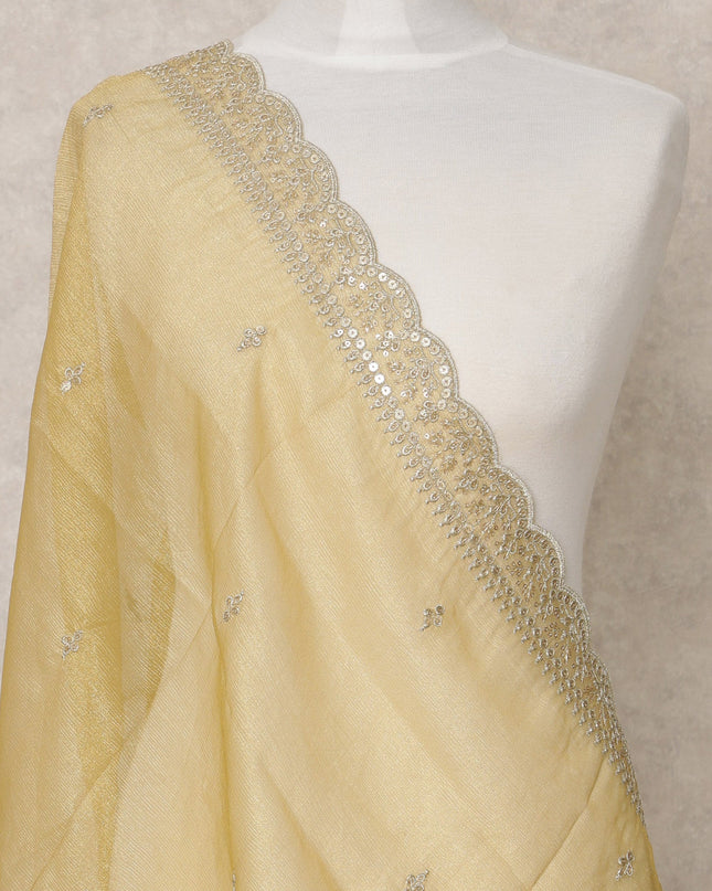 Golden Yellow Synthetic Brocade Dupatta with Sequin Embroidery and Scalloped Lace Border, 210 x 80 Cms, Made in India-D24124