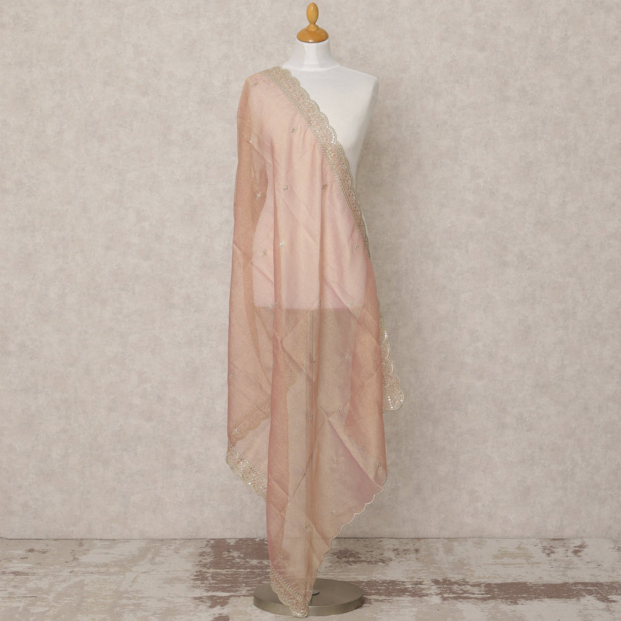 دوباتا من قماش بروكيد صناعي وردي فاتح مع تطريز بالترتر وحواف من الدانتيل، 210 × 80 سم، صنع في الهند - D24125