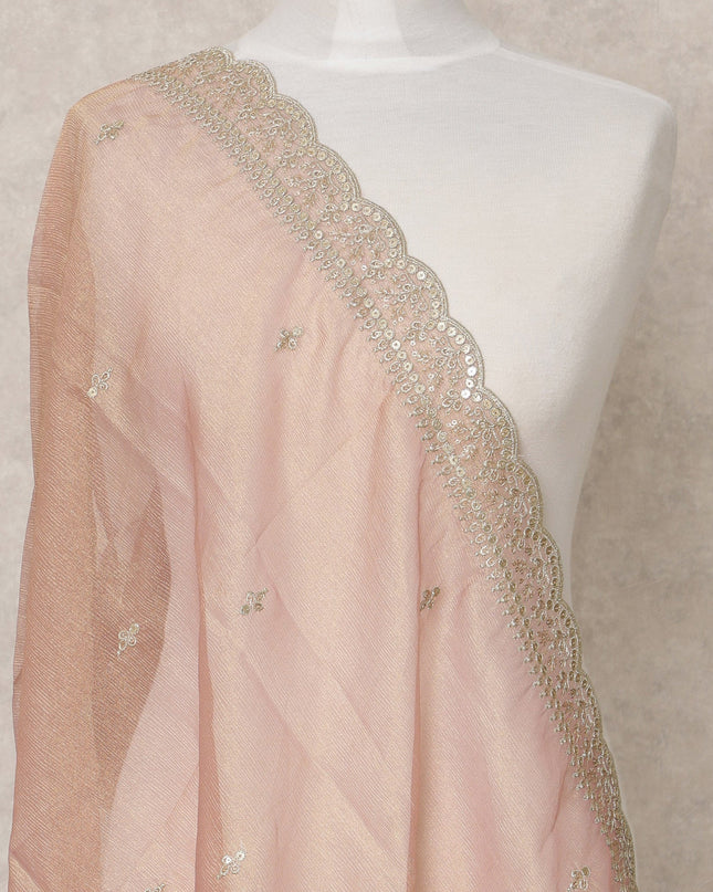 Blush Pink Synthetic Brocade Dupatta with Sequin Embroidery and Lace Border, 210 x 80 Cms, Made in India-D24125