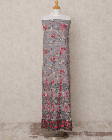 Grey Floral Printed Blended Cotton Fabric with Pink & Black Accents, 130 Cms Width, 3.0 Mtrs Length, Made in India-D24126