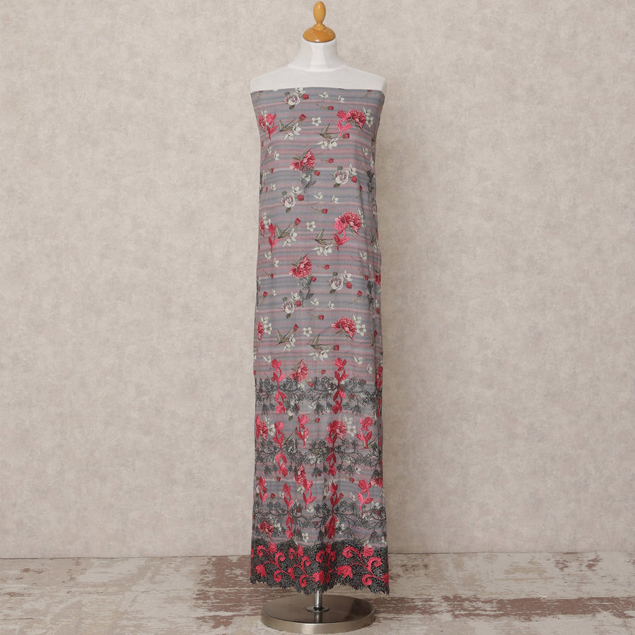 Grey Floral Printed Blended Cotton Fabric with Pink & Black Accents, 130 Cms Width, 3.0 Mtrs Length, Made in India-D24126