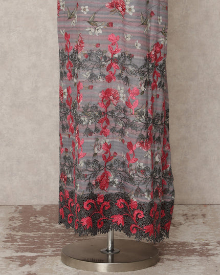 Grey Floral Printed Blended Cotton Fabric with Pink & Black Accents, 130 Cms Width, 3.0 Mtrs Length, Made in India-D24126