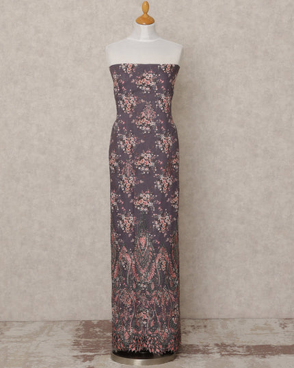 Dark Mauve Floral Printed Blended Cotton Fabric with Peach & Black Accents, 130 Cms Width, 3.0 Mtrs Length, Made in India-D24127