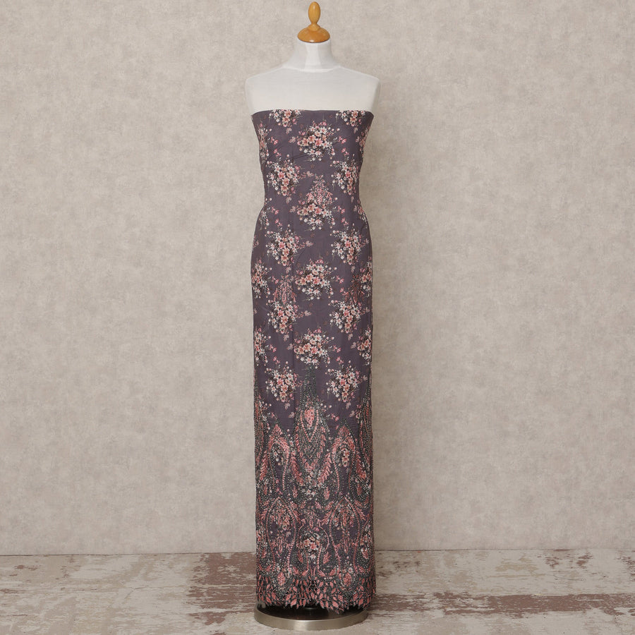 Dark Mauve Floral Printed Blended Cotton Fabric with Peach & Black Accents, 130 Cms Width, 3.0 Mtrs Length, Made in India-D24127