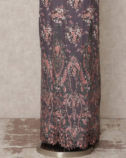 Dark Mauve Floral Printed Blended Cotton Fabric with Peach & Black Accents, 130 Cms Width, 3.0 Mtrs Length, Made in India-D24127