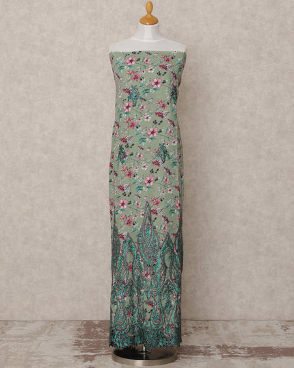 Sage Green Floral Printed Blended Cotton Fabric with Pink & Teal Accents, 130 Cms Width, 3.0 Mtrs Length, Made in India-D24128