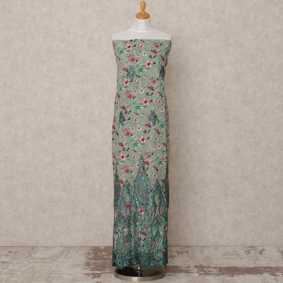 Sage Green Floral Printed Blended Cotton Fabric with Pink & Teal Accents, 130 Cms Width, 3.0 Mtrs Length, Made in India-D24128