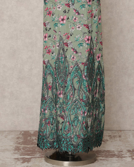 Sage Green Floral Printed Blended Cotton Fabric with Pink & Teal Accents, 130 Cms Width, 3.0 Mtrs Length, Made in India-D24128