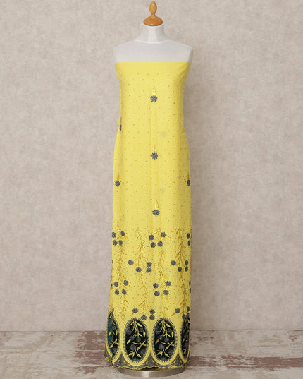 Bright Yellow Floral Embroidered Blended Cotton Fabric with Blue & Green Detailing, 130 Cms Width, 3.0 Mtrs Length, Made in India-D24131