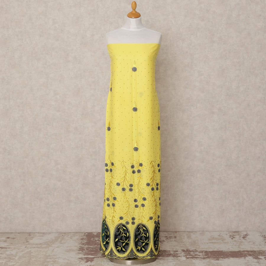 Bright Yellow Floral Embroidered Blended Cotton Fabric with Blue & Green Detailing, 130 Cms Width, 3.0 Mtrs Length, Made in India-D24131