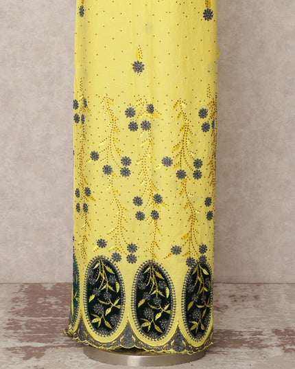 Bright Yellow Floral Embroidered Blended Cotton Fabric with Blue & Green Detailing, 130 Cms Width, 3.0 Mtrs Length, Made in India-D24131