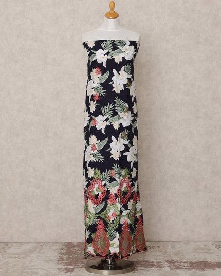 Navy Blue Floral Printed Blended Cotton Fabric with White, Green & Red Embroidery, 130 Cms Width, 3.0 Mtrs Length, Made in India-D24132