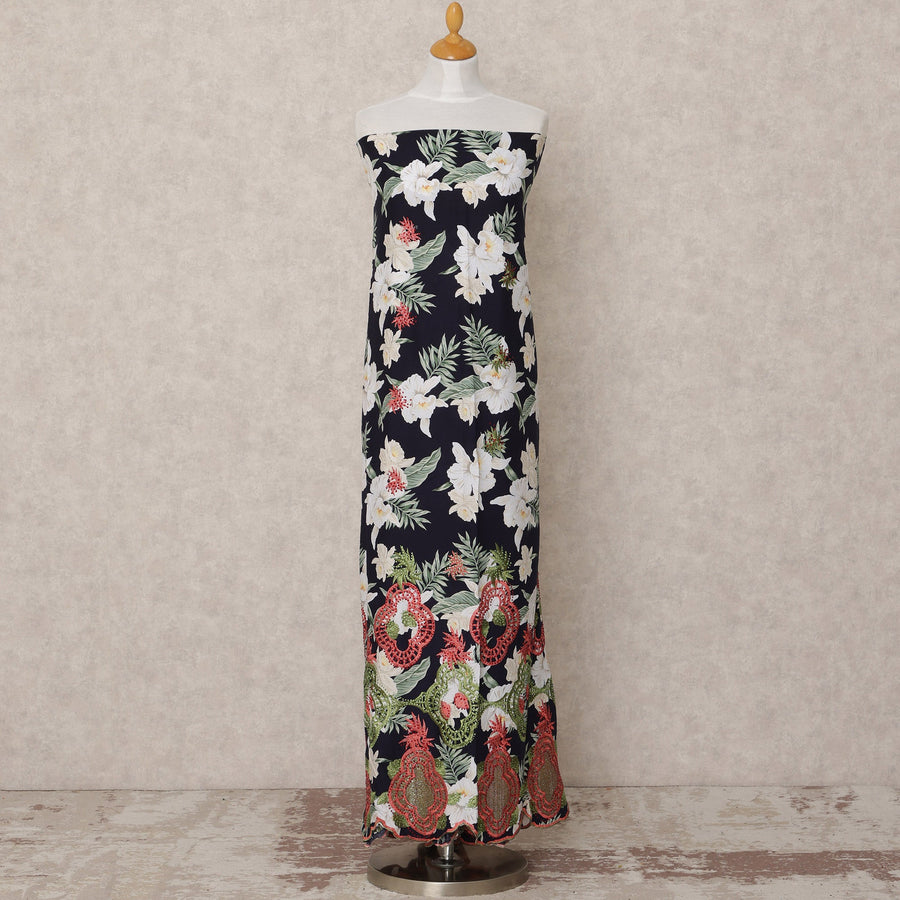 Navy Blue Floral Printed Blended Cotton Fabric with White, Green & Red Embroidery, 130 Cms Width, 3.0 Mtrs Length, Made in India-D24132