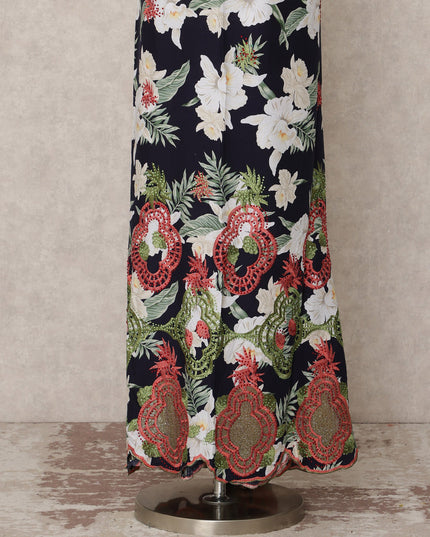 Navy Blue Floral Printed Blended Cotton Fabric with White, Green & Red Embroidery, 130 Cms Width, 3.0 Mtrs Length, Made in India-D24132