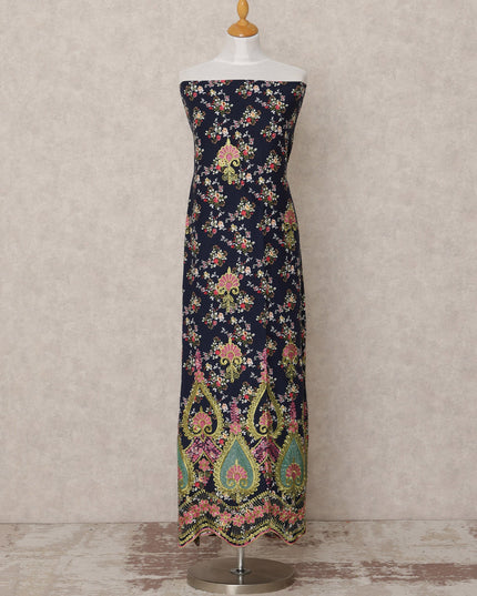 Navy Blue Printed Blended Cotton Fabric with Multicolor Floral & Ornamental Border, 130 Cms Width, 3.0 Mtrs Length, Made in India-D24133 Regal Fabrics