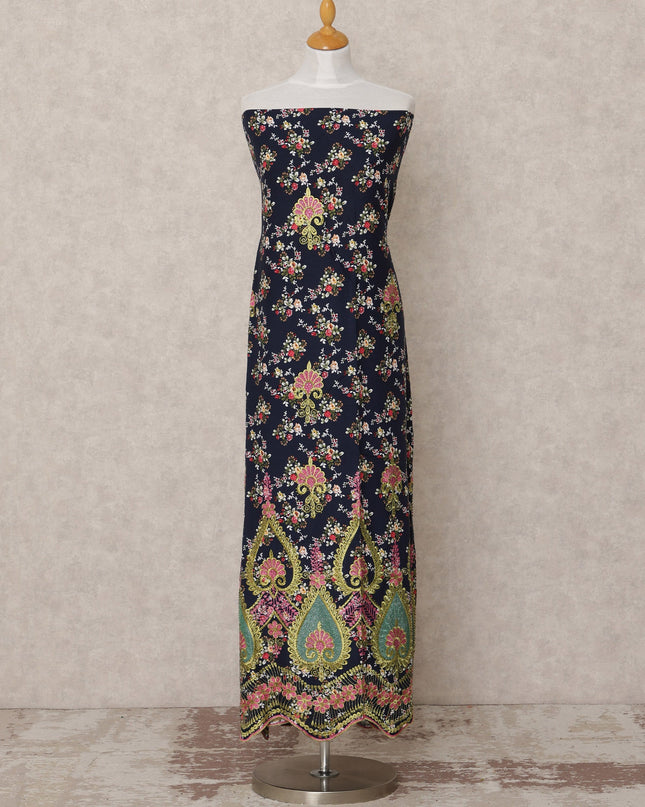 Navy Blue Printed Blended Cotton Fabric with Multicolor Floral & Ornamental Border, 130 Cms Width, 3.0 Mtrs Length, Made in India-D24133 Regal Fabrics