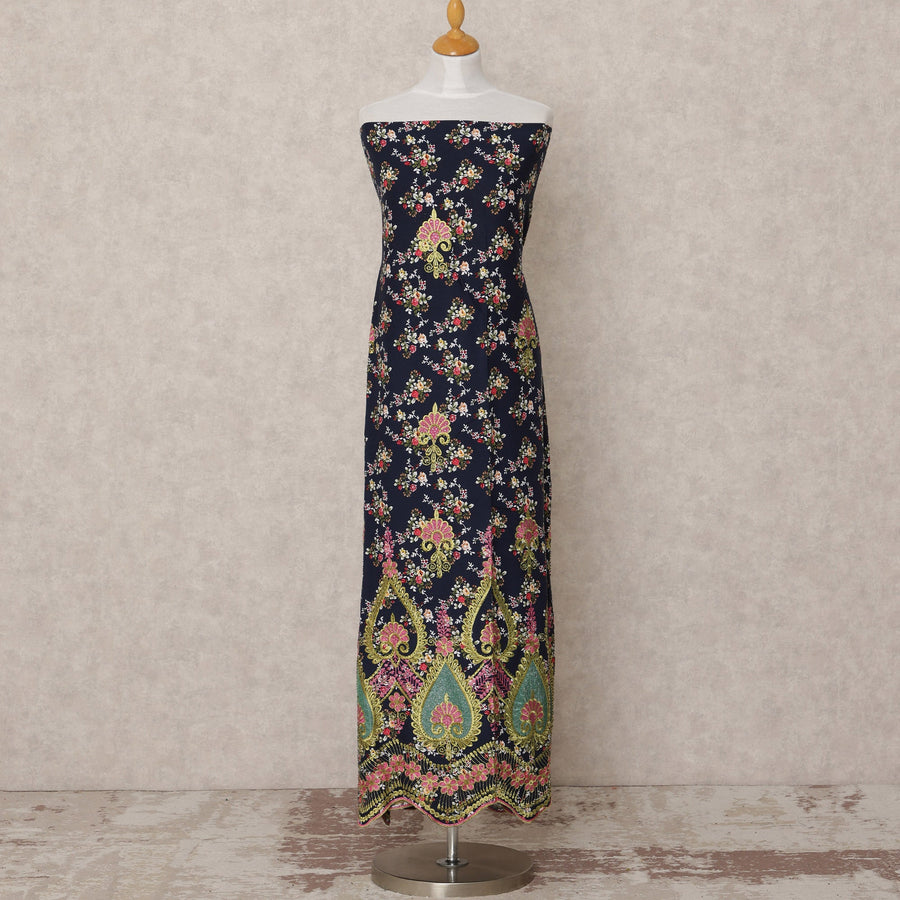 Navy Blue Printed Blended Cotton Fabric with Multicolor Floral & Ornamental Border, 130 Cms Width, 3.0 Mtrs Length, Made in India-D24133 Regal Fabrics
