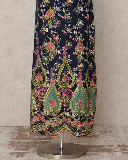 Navy Blue Printed Blended Cotton Fabric with Multicolor Floral & Ornamental Border, 130 Cms Width, 3.0 Mtrs Length, Made in India-D24133 Regal Fabrics