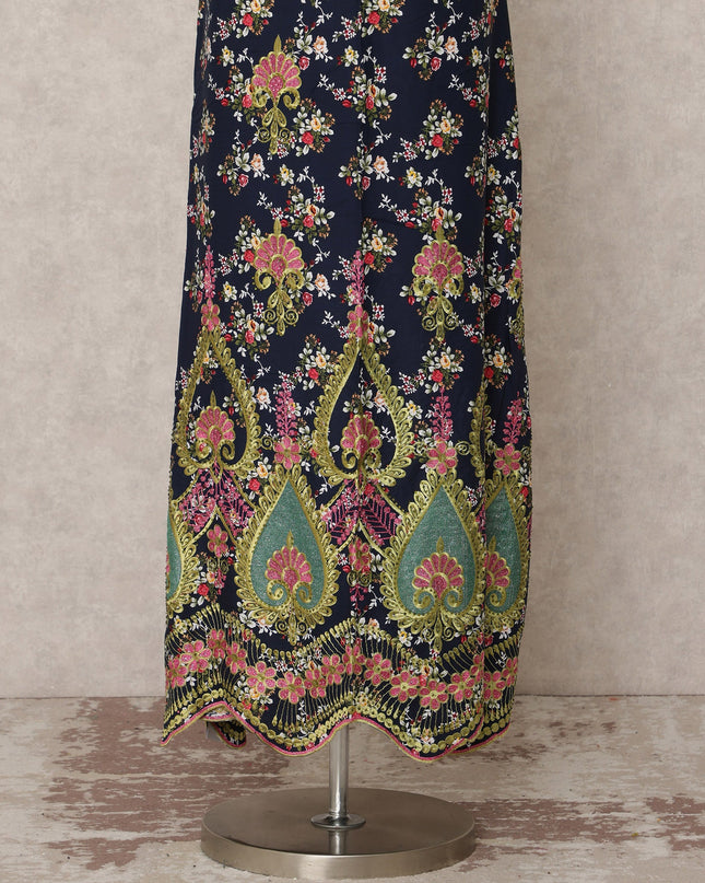 Navy Blue Printed Blended Cotton Fabric with Multicolor Floral & Ornamental Border, 130 Cms Width, 3.0 Mtrs Length, Made in India-D24133 Regal Fabrics