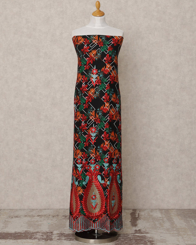 Black Multicolor Floral Printed Blended Cotton Fabric with Red & Teal Embroidered Border, 130 Cms Width, 3.0 Mtrs Length, Made in India-D24134