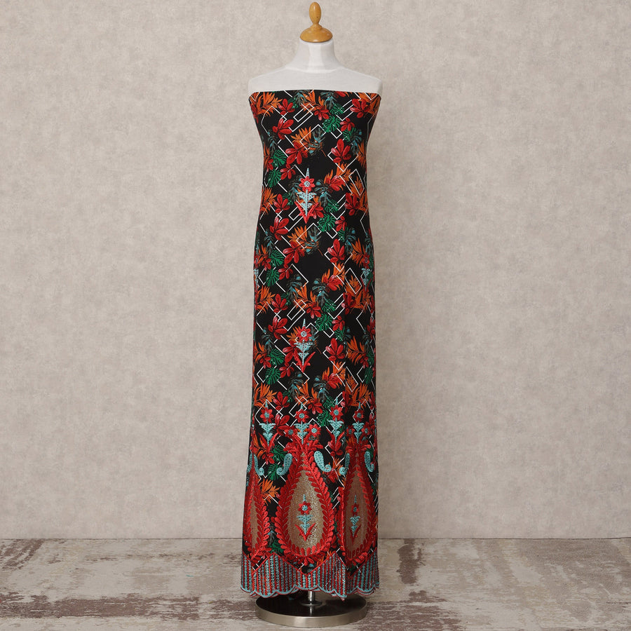 Black Multicolor Floral Printed Blended Cotton Fabric with Red & Teal Embroidered Border, 130 Cms Width, 3.0 Mtrs Length, Made in India-D24134