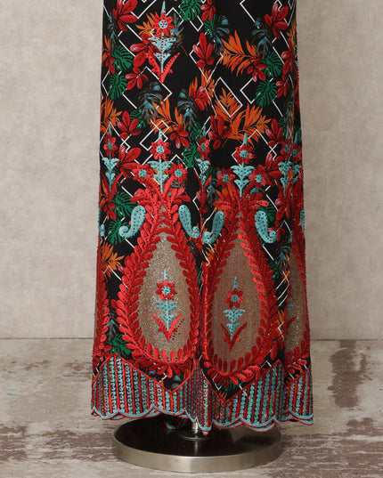 Black Multicolor Floral Printed Blended Cotton Fabric with Red & Teal Embroidered Border, 130 Cms Width, 3.0 Mtrs Length, Made in India-D24134