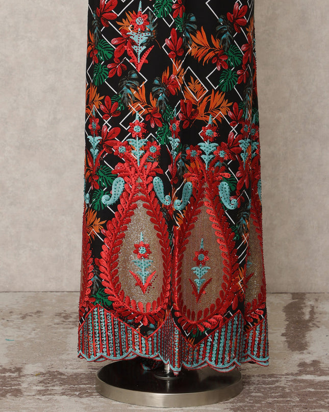 Black Multicolor Floral Printed Blended Cotton Fabric with Red & Teal Embroidered Border, 130 Cms Width, 3.0 Mtrs Length, Made in India-D24134