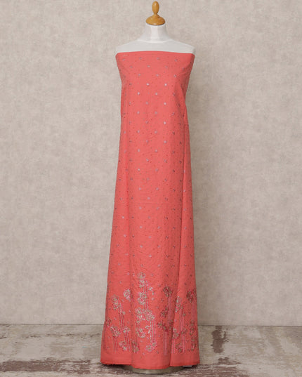 Coral Pink Embroidered Blended Cotton Fabric with Silver Floral Detailing, 130 Cms Width, 3.0 Mtrs Length, Made in India-D24135