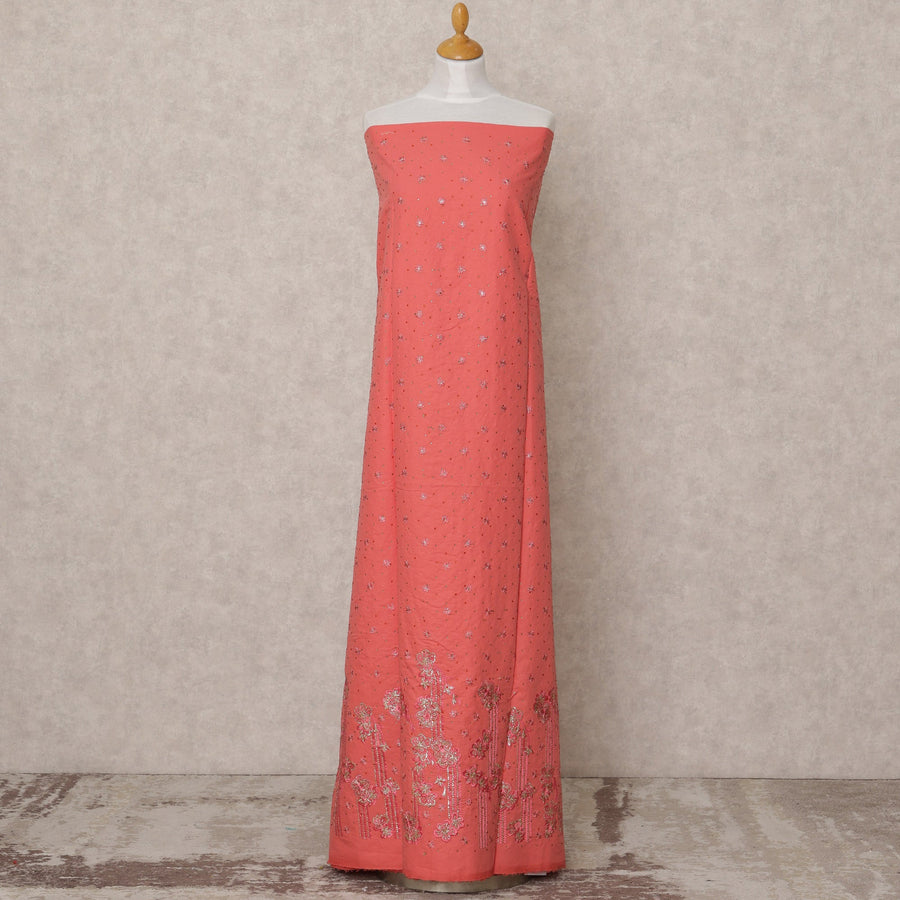 Coral Pink Embroidered Blended Cotton Fabric with Silver Floral Detailing, 130 Cms Width, 3.0 Mtrs Length, Made in India-D24135