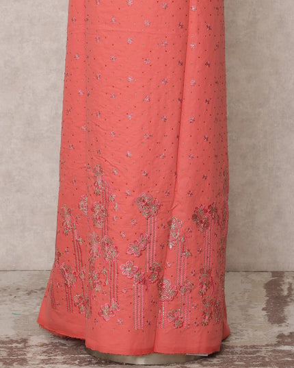 Coral Pink Embroidered Blended Cotton Fabric with Silver Floral Detailing, 130 Cms Width, 3.0 Mtrs Length, Made in India-D24135