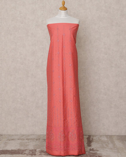 Peach Pink Embroidered Blended Cotton Fabric with Subtle Floral Detailing, 130 Cms Width, 3.0 Mtrs Length, Made in India-D24136
