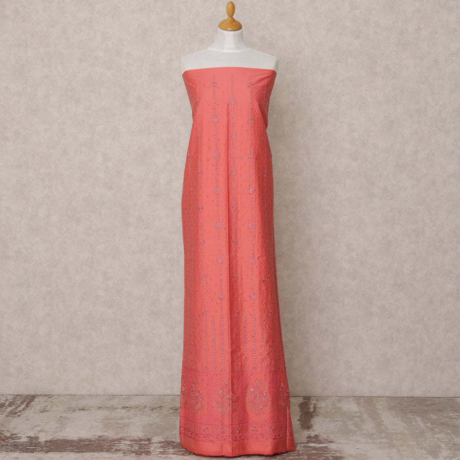 Peach Pink Embroidered Blended Cotton Fabric with Subtle Floral Detailing, 130 Cms Width, 3.0 Mtrs Length, Made in India-D24136