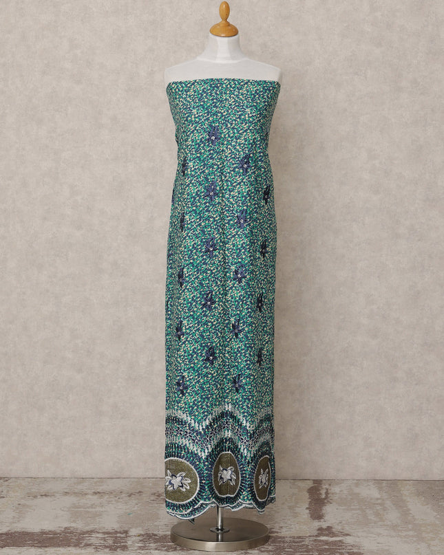 Teal Green Printed Blended Cotton Fabric with Navy & Olive Embroidered Border, 130 Cms Width, 3.0 Mtrs Length, Made in India-D24137 Regal Fabrics
