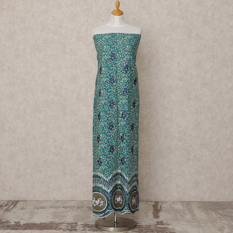 Teal Green Printed Blended Cotton Fabric with Navy & Olive Embroidered Border, 130 Cms Width, 3.0 Mtrs Length, Made in India-D24137 Regal Fabrics