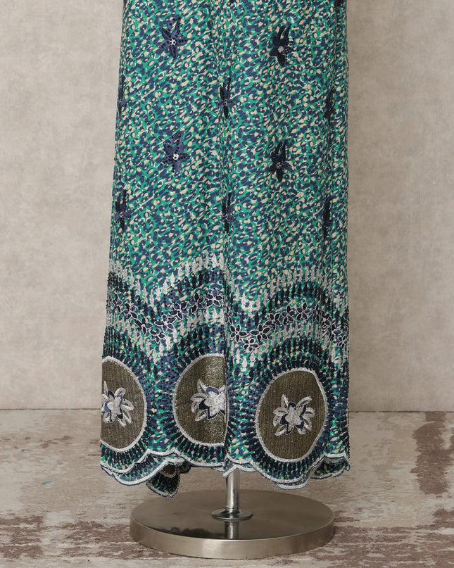Teal Green Printed Blended Cotton Fabric with Navy & Olive Embroidered Border, 130 Cms Width, 3.0 Mtrs Length, Made in India-D24137 Regal Fabrics